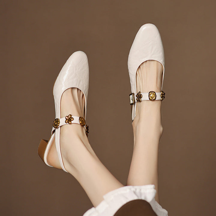 Women's Handmade Leather Vintage Flower Buckle Embellished Closed Toe Sandals