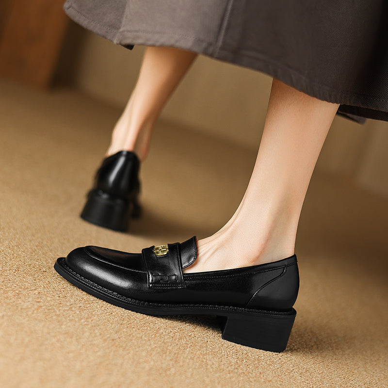 Women's Handmade Leather Classic British Style Gold Coin Loafers