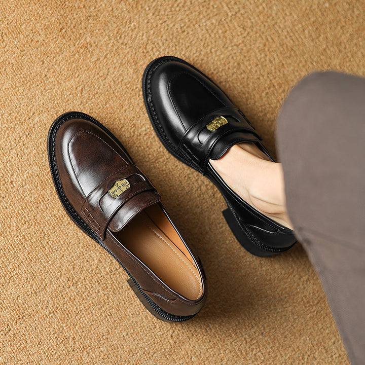 Women's Handmade Leather Classic British Style Gold Coin Loafers