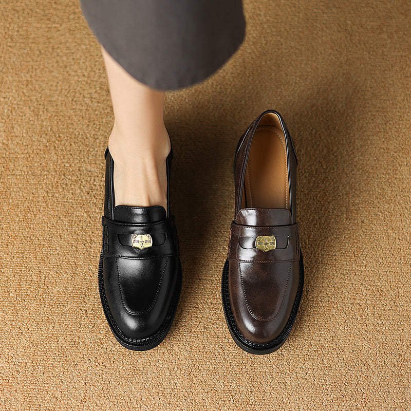 Women's Handmade Leather Classic British Style Gold Coin Loafers