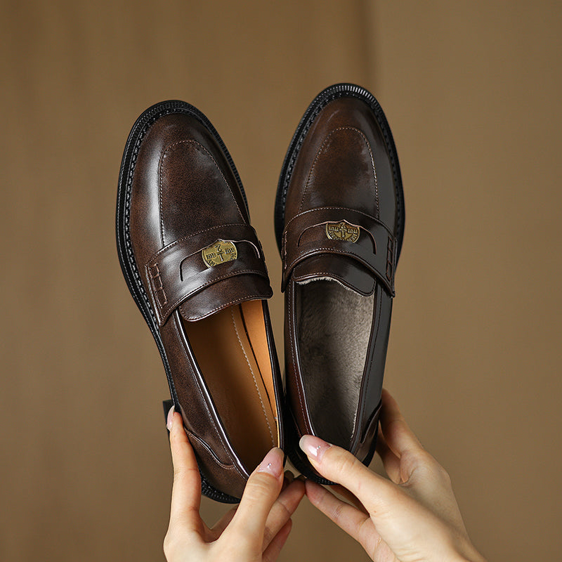 Women's Handmade Leather Classic British Style Gold Coin Loafers