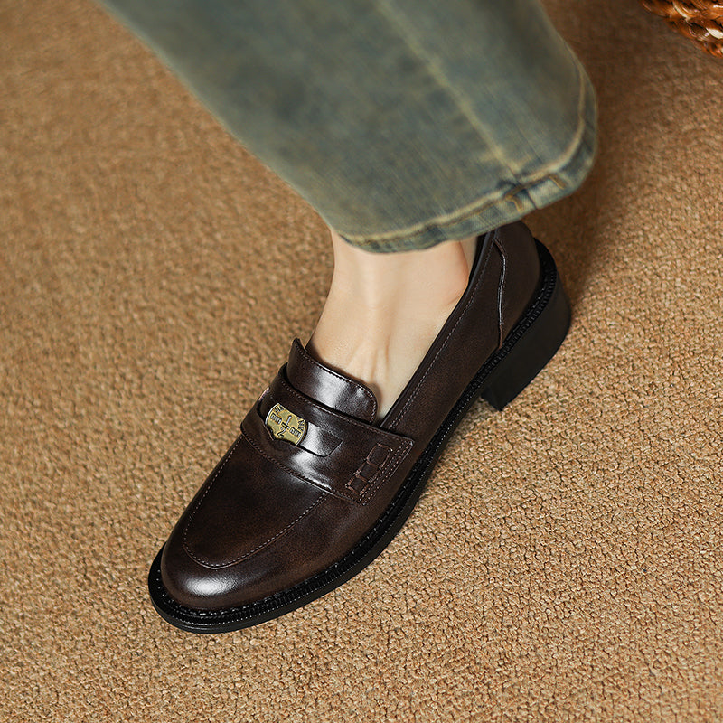 Women's Handmade Leather Classic British Style Gold Coin Loafers