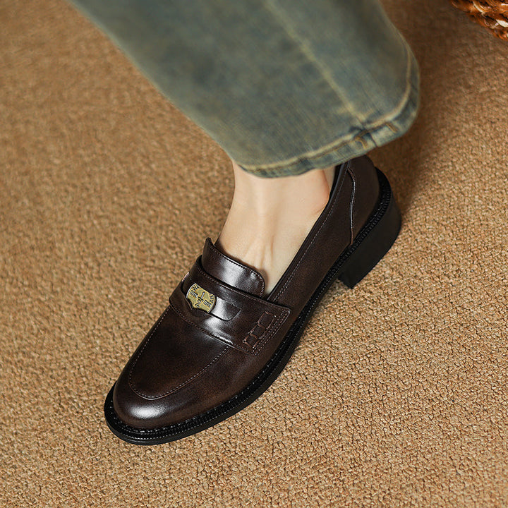 Women's Handmade Leather Classic British Style Gold Coin Loafers