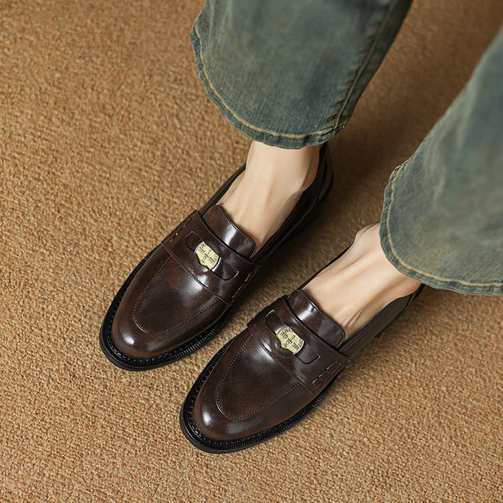 Women's Handmade Leather Classic British Style Gold Coin Loafers