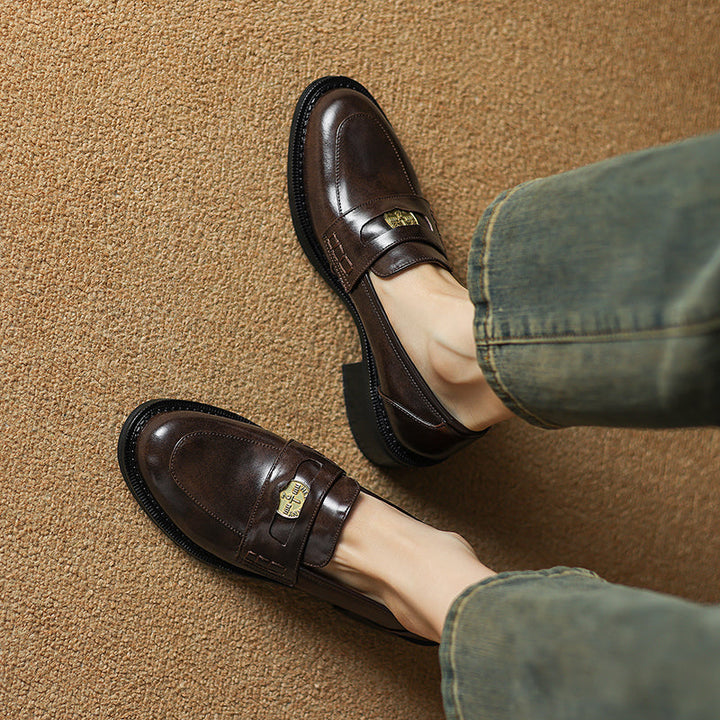 Women's Handmade Leather Classic British Style Gold Coin Loafers
