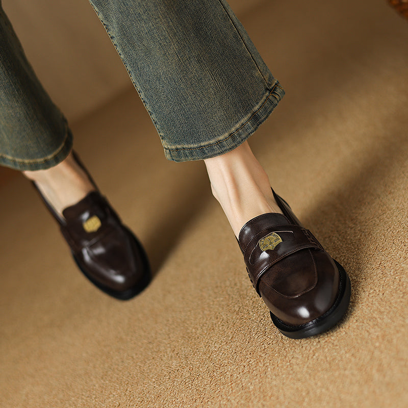 Women's Handmade Leather Classic British Style Gold Coin Loafers