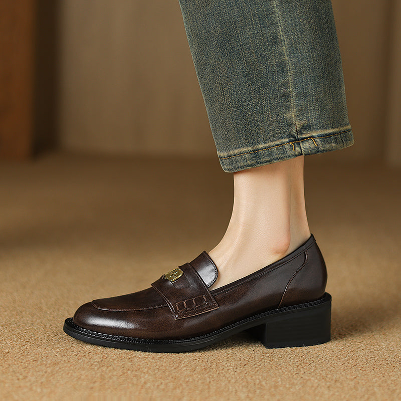 Women's Handmade Leather Classic British Style Gold Coin Loafers