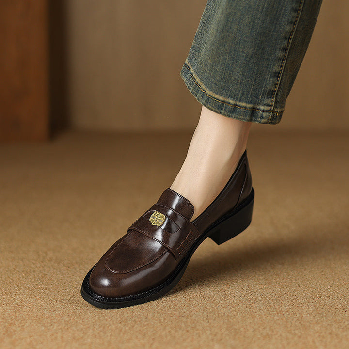 Women's Handmade Leather Classic British Style Gold Coin Loafers