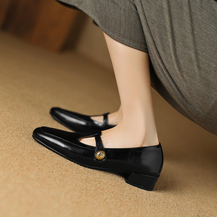 Women's Retro Low Heel T-Strap Handmade Leather Shoes