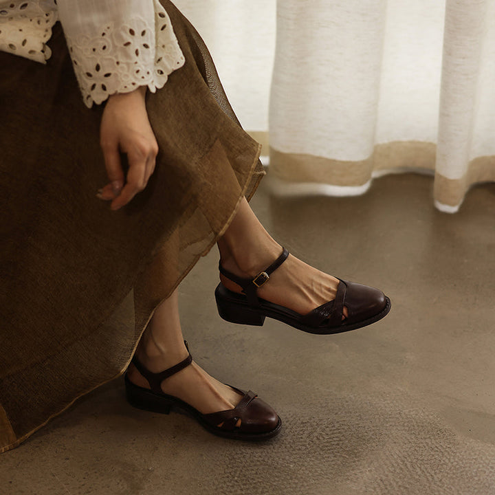 Women's Artisanal Round Toe Leather Sandals - Perforated Cowhide Summer Shoes