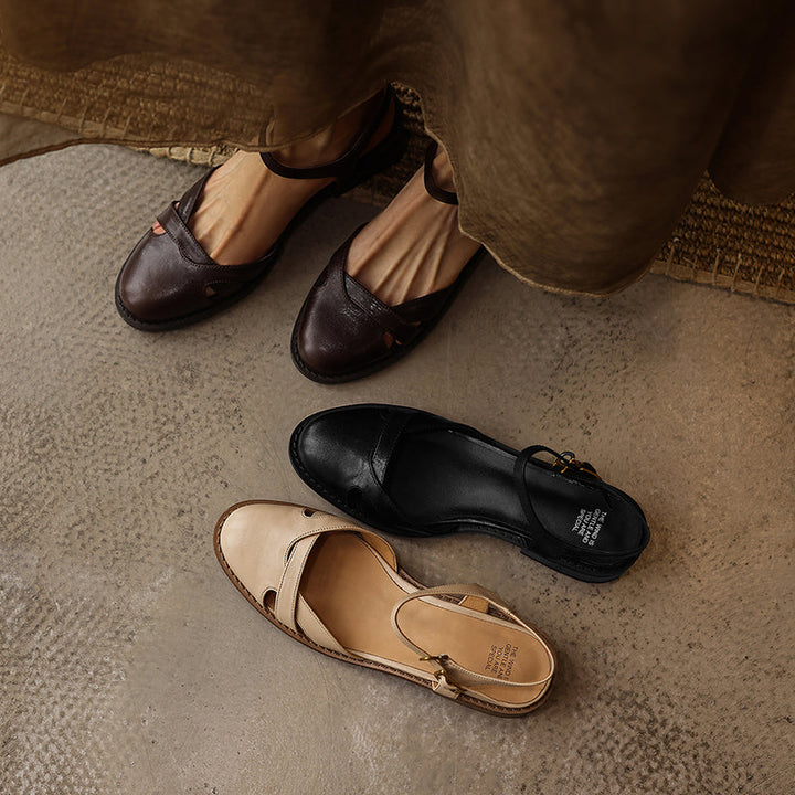 Women's Artisanal Round Toe Leather Sandals - Perforated Cowhide Summer Shoes