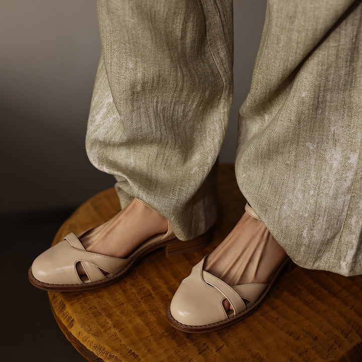 Women's Artisanal Round Toe Leather Sandals - Perforated Cowhide Summer Shoes