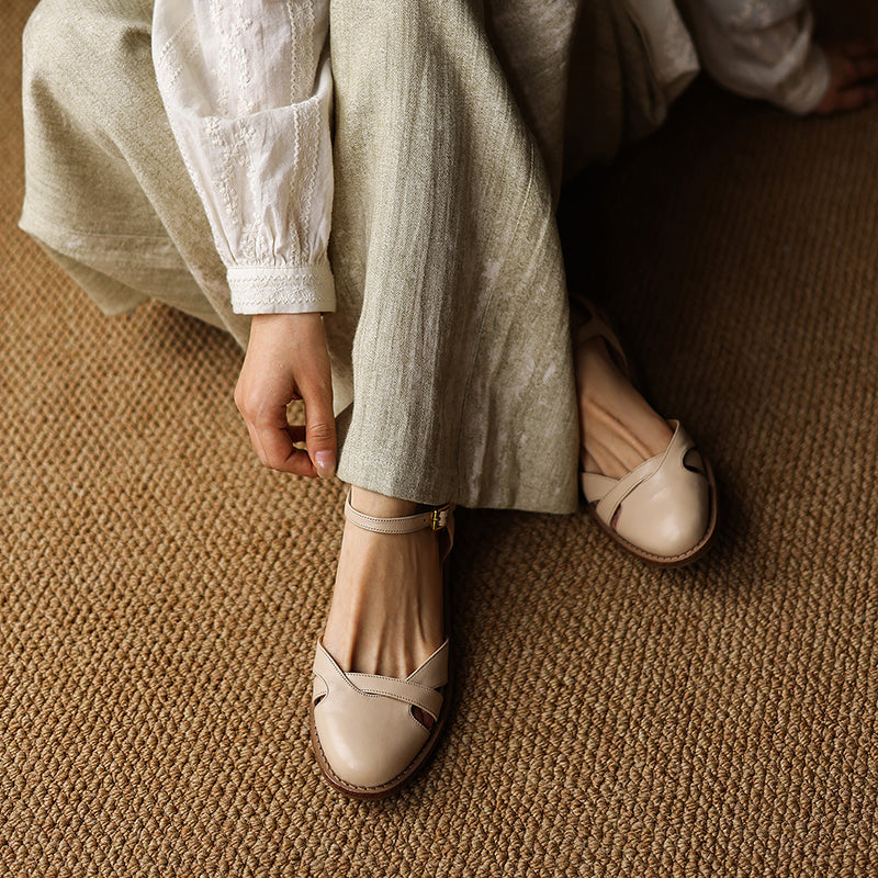 Women's Artisanal Round Toe Leather Sandals - Perforated Cowhide Summer Shoes