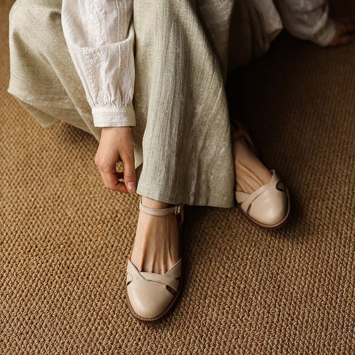 Women's Artisanal Round Toe Leather Sandals - Perforated Cowhide Summer Shoes