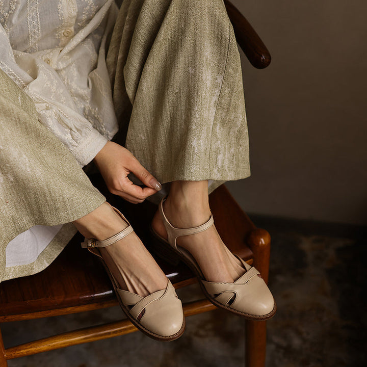 Women's Artisanal Round Toe Leather Sandals - Perforated Cowhide Summer Shoes