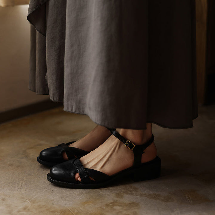 Women's Artisanal Round Toe Leather Sandals - Perforated Cowhide Summer Shoes
