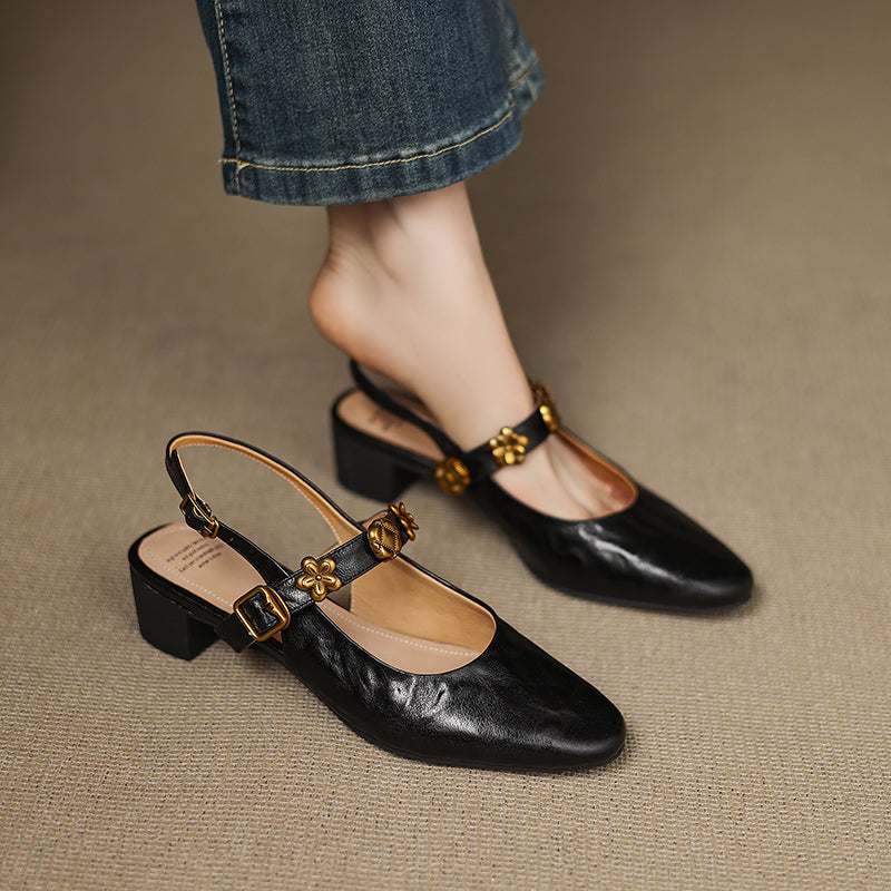 Women's Handmade Leather Vintage Flower Buckle Embellished Closed Toe Sandals