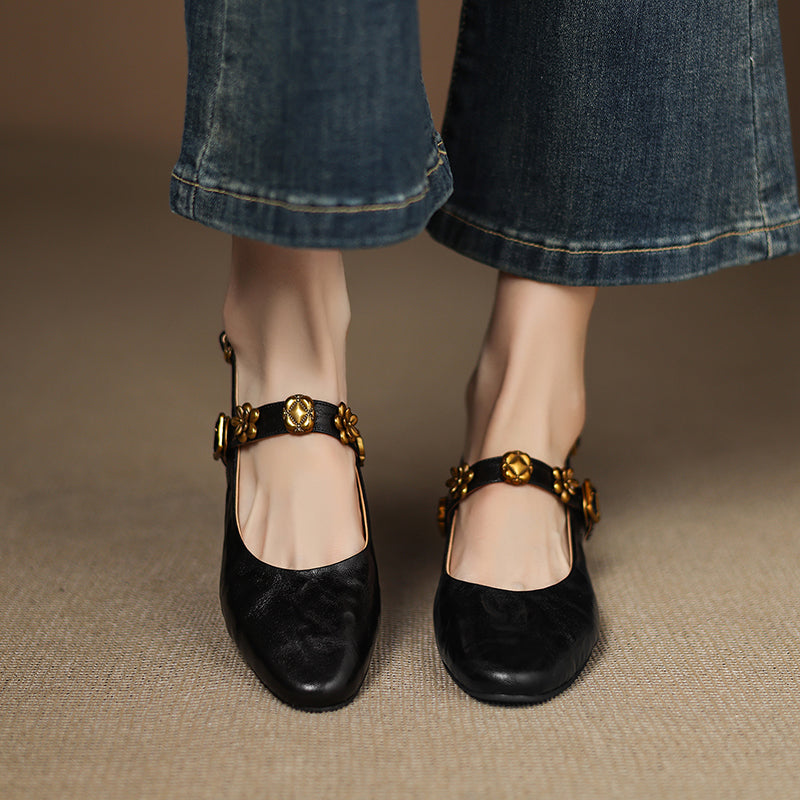Women's Handmade Leather Vintage Flower Buckle Embellished Closed Toe Sandals