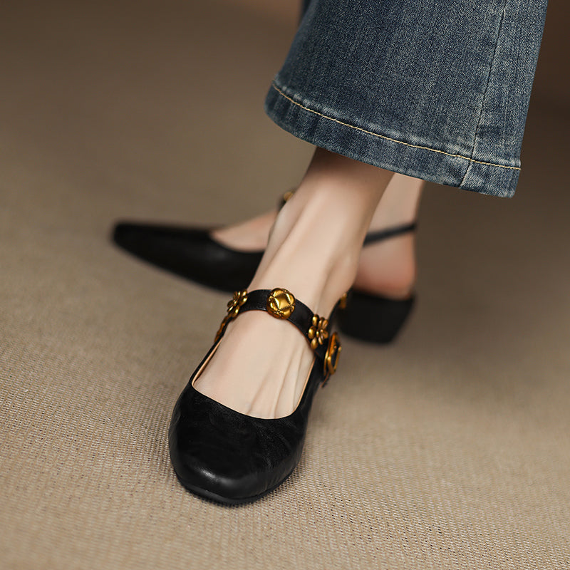 Women's Handmade Leather Vintage Flower Buckle Embellished Closed Toe Sandals