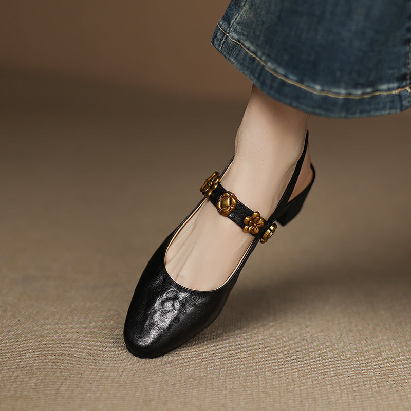 Women's Handmade Leather Vintage Flower Buckle Embellished Closed Toe Sandals
