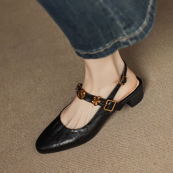 Women's Handmade Leather Vintage Flower Buckle Embellished Closed Toe Sandals