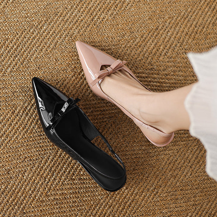 Women's Handmade Leather Pointed Toe Bow Slingback Cat Heel Sandals