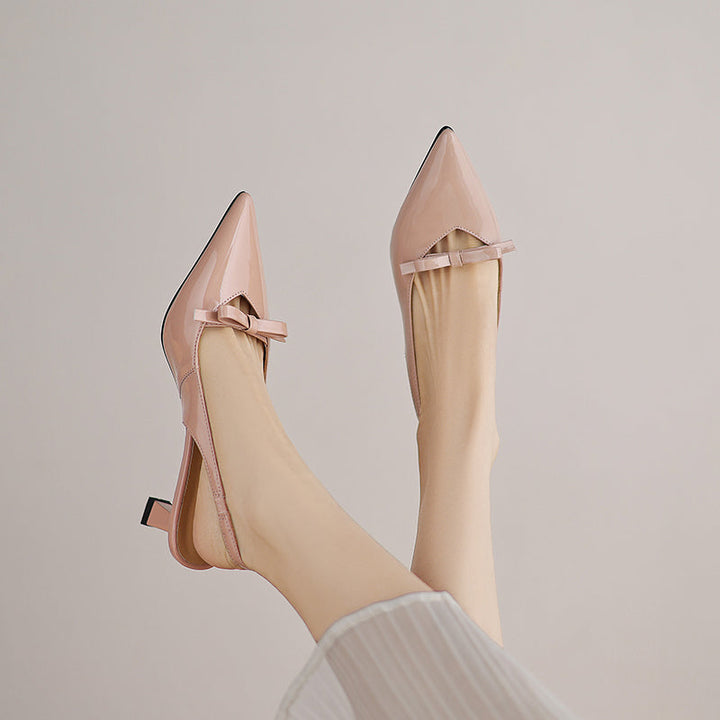 Women's Handmade Leather Pointed Toe Bow Slingback Cat Heel Sandals