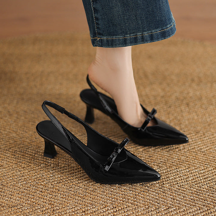 Women's Handmade Leather Pointed Toe Bow Slingback Cat Heel Sandals