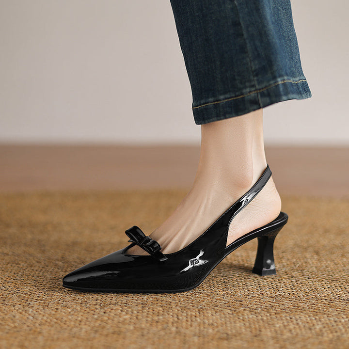 Women's Handmade Leather Pointed Toe Bow Slingback Cat Heel Sandals