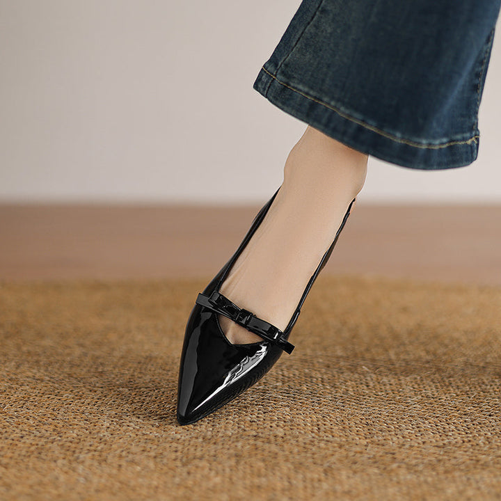 Women's Handmade Leather Pointed Toe Bow Slingback Cat Heel Sandals