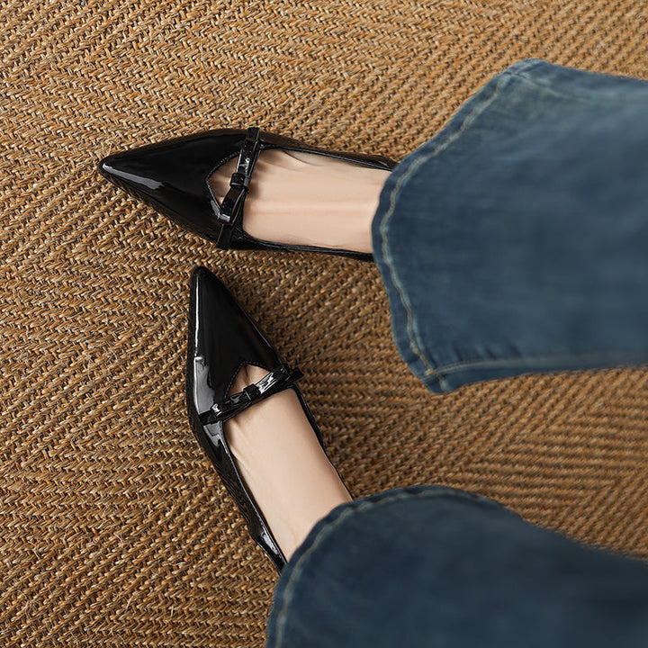 Women's Handmade Leather Pointed Toe Bow Slingback Cat Heel Sandals