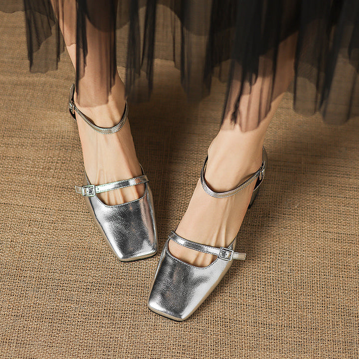 Women’s Sheepskin Square Toe Ankle Strap Block Heel Sandals – Mid Heel Shoes