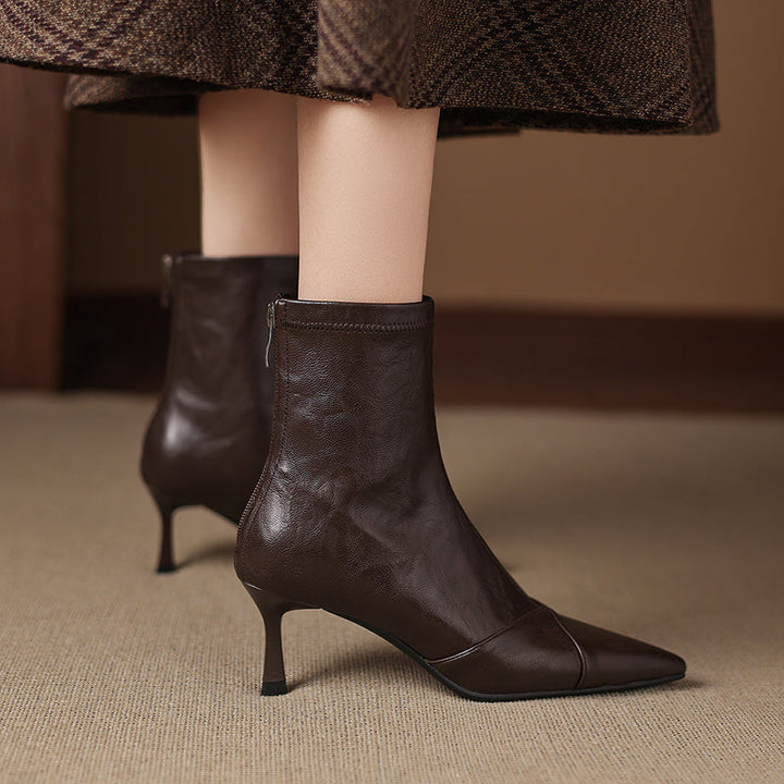 Women's Stretch Leather Ankle Boots Pointed Toe Kitten Stiletto High Heel Sock Booties