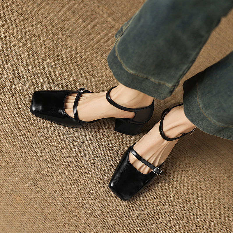 Women’s Sheepskin Square Toe Ankle Strap Block Heel Sandals – Mid Heel Shoes