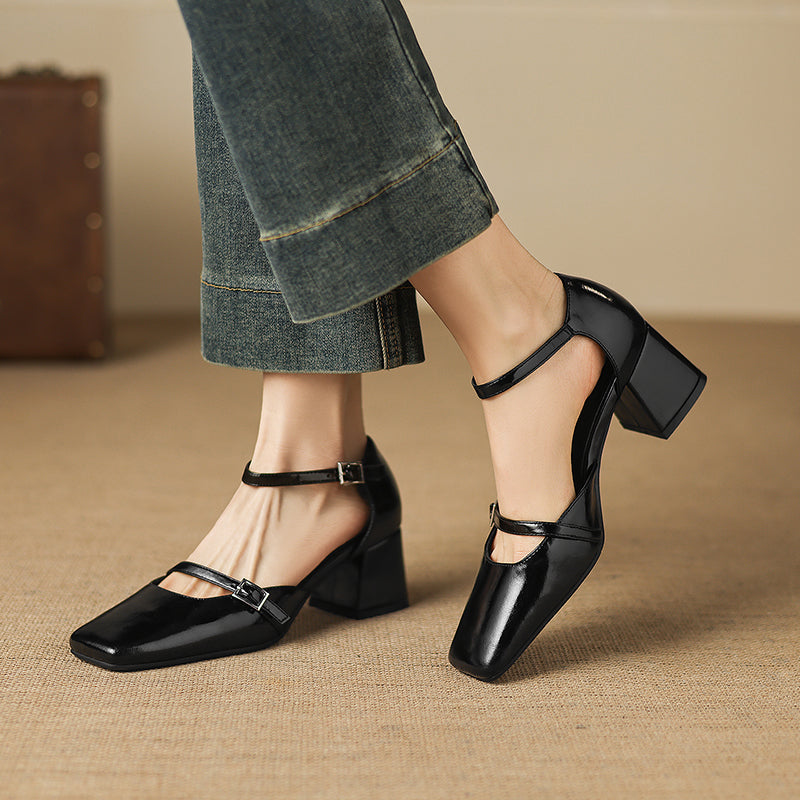 Women’s Sheepskin Square Toe Ankle Strap Block Heel Sandals – Mid Heel Shoes