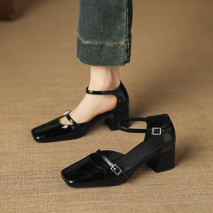 Women’s Sheepskin Square Toe Ankle Strap Block Heel Sandals – Mid Heel Shoes