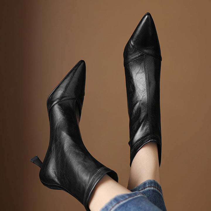 Women's Stretch Leather Ankle Boots Pointed Toe Kitten Stiletto High Heel Sock Booties