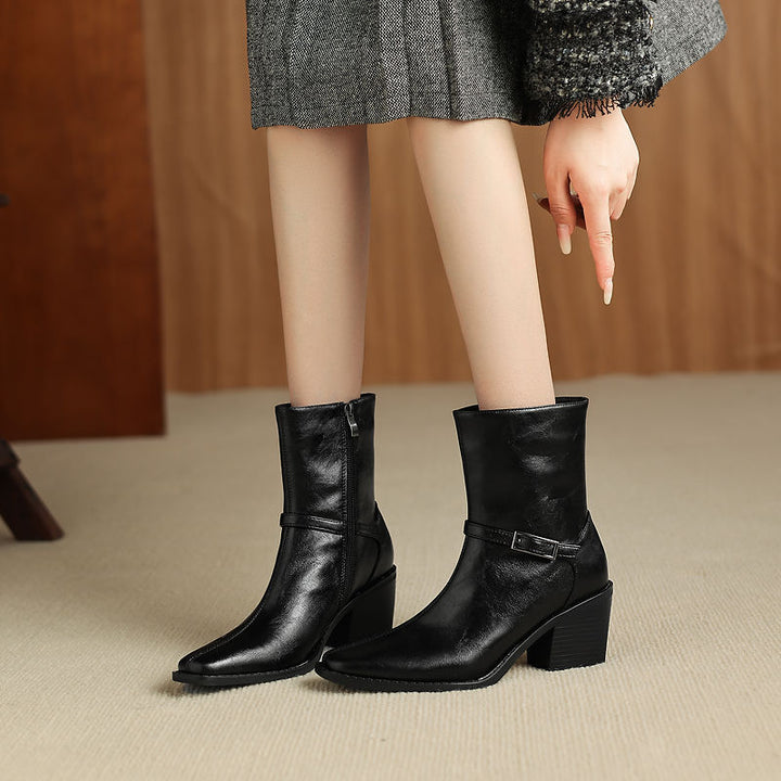 Women's Retro Cowhide Ankle Boots Square Toe Buckle Strap Chunky High Heel Zipper Booties
