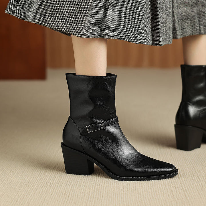 Women's Retro Cowhide Ankle Boots Square Toe Buckle Strap Chunky High Heel Zipper Booties