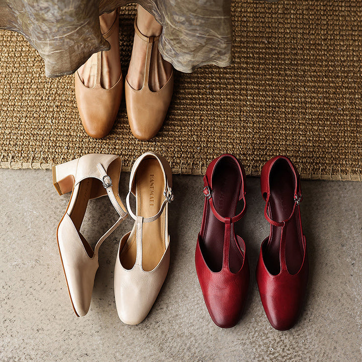 Women's Leather T-Strap Pumps - Vintage Washed Cowhide Closed Mid Block Heel Sandals d'Orsay Shoes with Buckle Strap