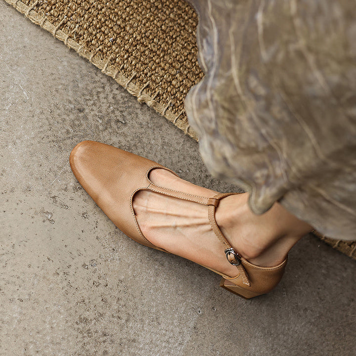 Women's Leather T-Strap Pumps - Vintage Washed Cowhide Closed Mid Block Heel Sandals d'Orsay Shoes with Buckle Strap