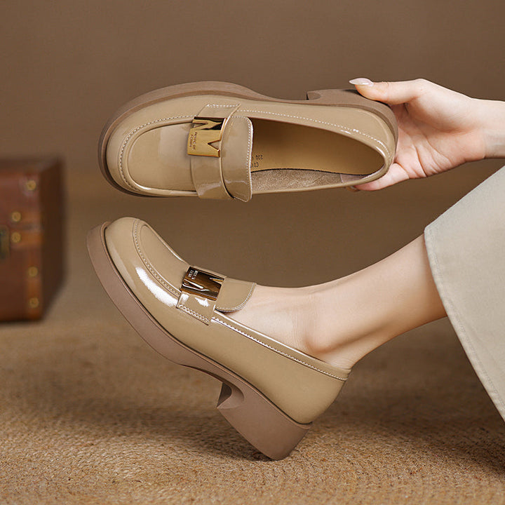 Women's Leather Classic Metal Decoration Block Heel Mid Heel Loafers