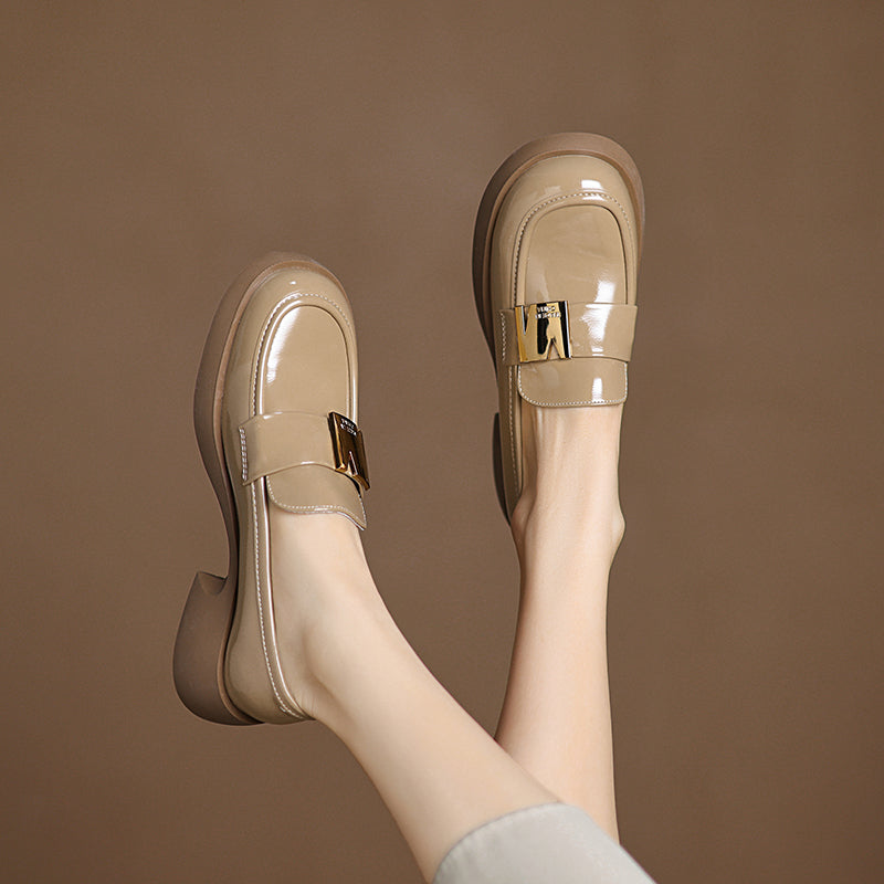 Women's Leather Classic Metal Decoration Block Heel Mid Heel Loafers
