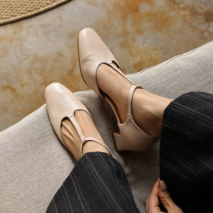 Women's Leather T-Strap Pumps - Vintage Washed Cowhide Closed Mid Block Heel Sandals d'Orsay Shoes with Buckle Strap