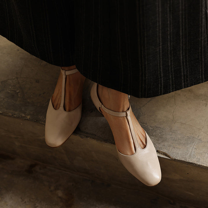 Women's Leather T-Strap Pumps - Vintage Washed Cowhide Closed Mid Block Heel Sandals d'Orsay Shoes with Buckle Strap