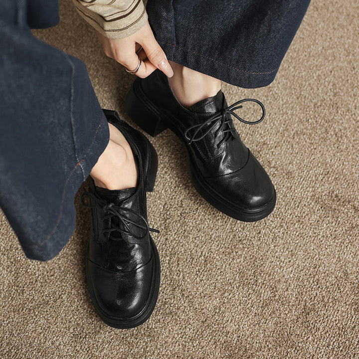 Women's Sheepskin Oxford Shoes - Sophisticated Round Toe Block Heels