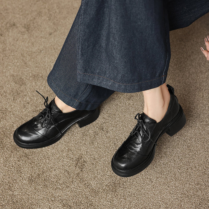Women's Sheepskin Oxford Shoes - Sophisticated Round Toe Block Heels
