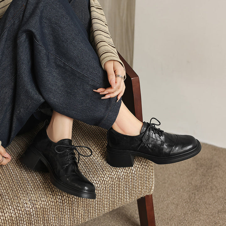 Women's Sheepskin Oxford Shoes - Sophisticated Round Toe Block Heels