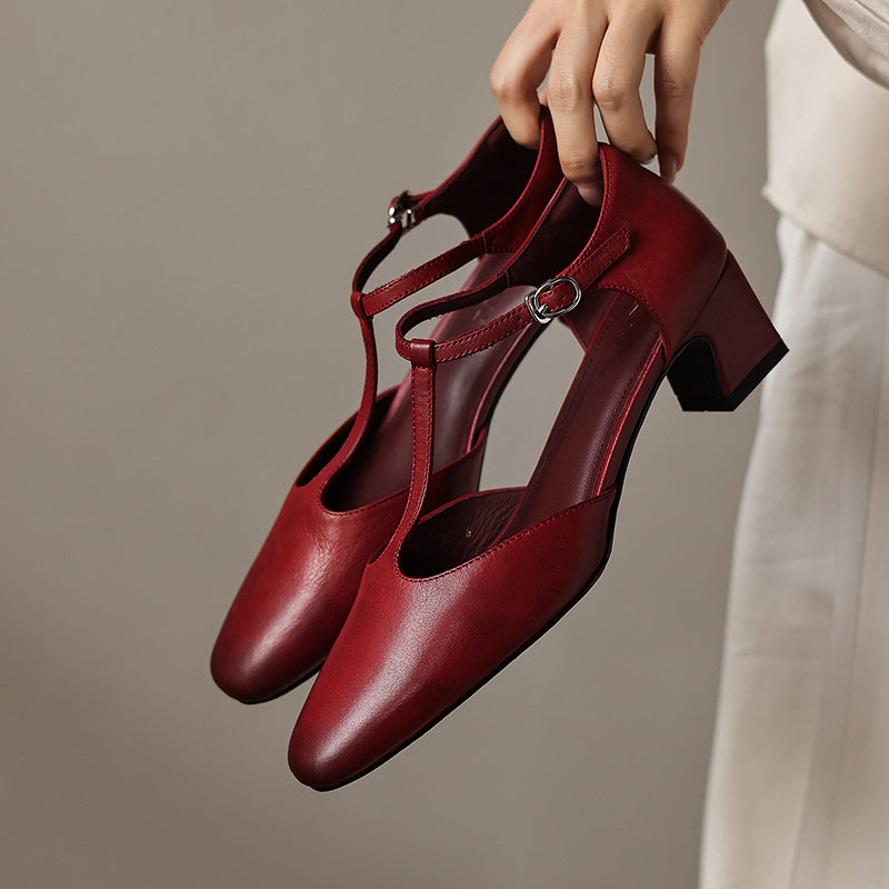 Women's Leather T-Strap Pumps - Vintage Washed Cowhide Closed Mid Block Heel Sandals d'Orsay Shoes with Buckle Strap