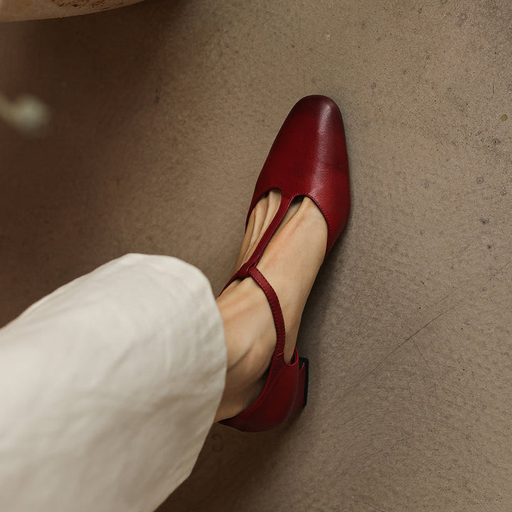 Women's Leather T-Strap Pumps - Vintage Washed Cowhide Closed Mid Block Heel Sandals d'Orsay Shoes with Buckle Strap